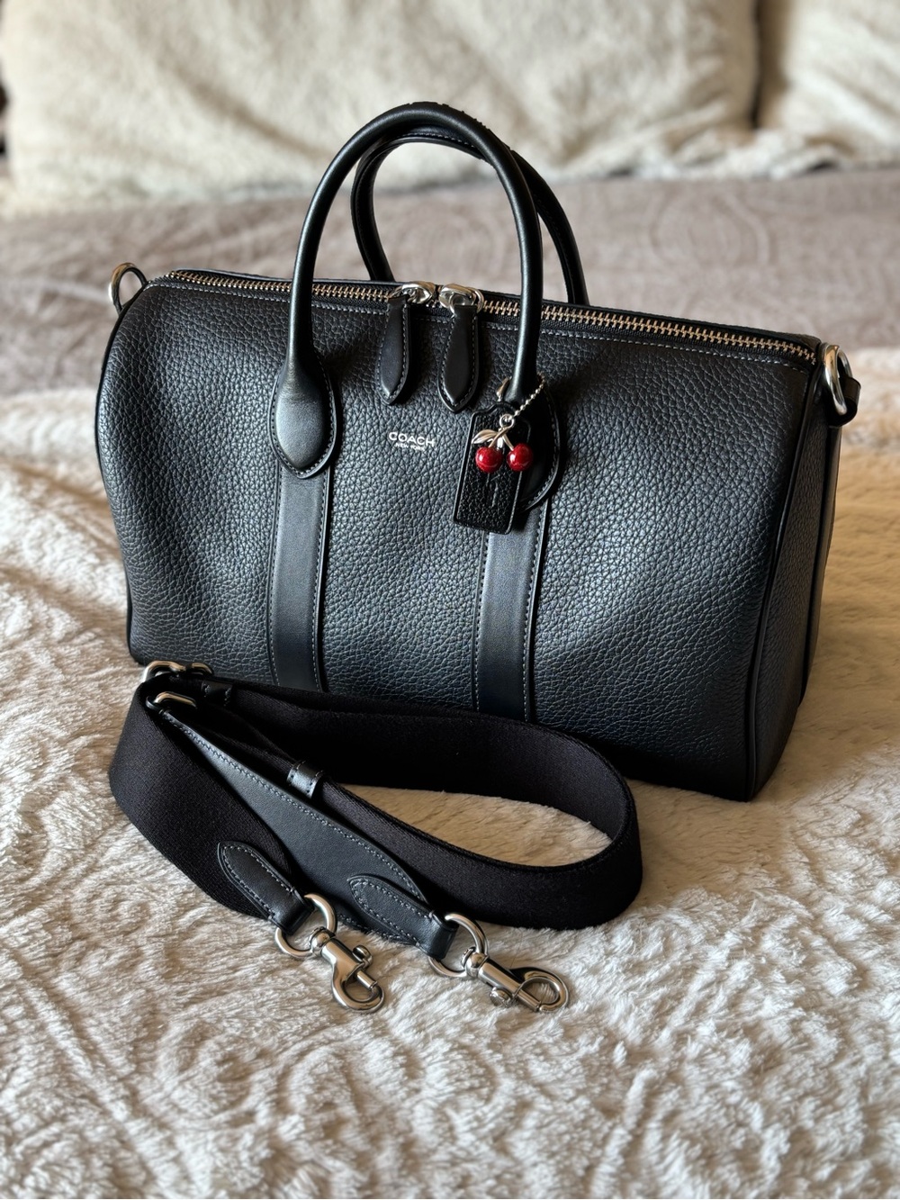 Coach Compass 35 in Black/Silver w/ Coach Cherry Charm